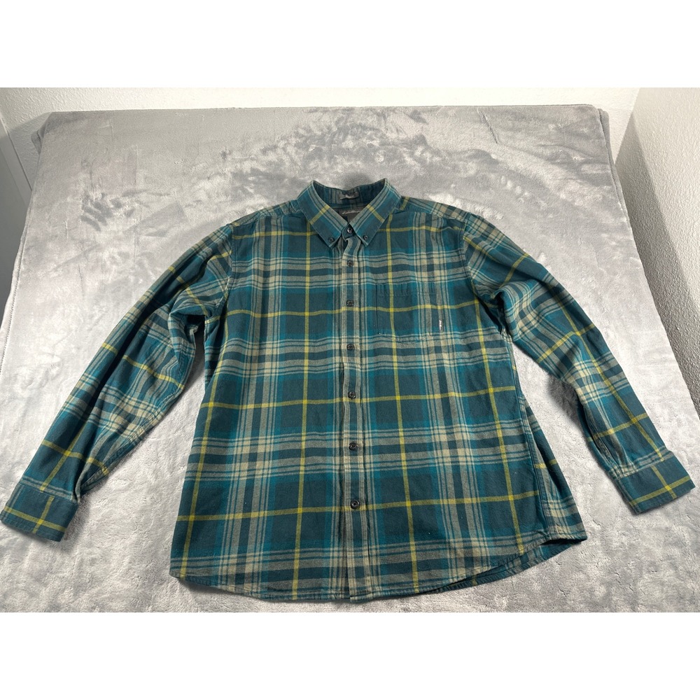 Eddie Bauer Mens XL Classic Fit Flannel Shirt Teal Yellow Plaid Long Sleeve